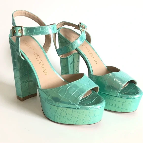 Green Capri Ice Iridescent Soft Crocodile Embossed Platform Heel Block Sandals - Picture 14 of 17